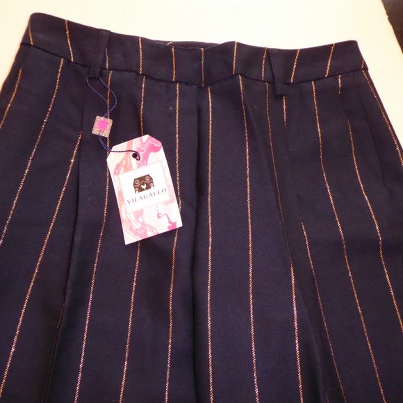 Vilagallo Wool Navy Gold Pin Stripe Front Pleat w/Cuffs Pant EU 38 USA 6 Women's - Picture 12 of 14
